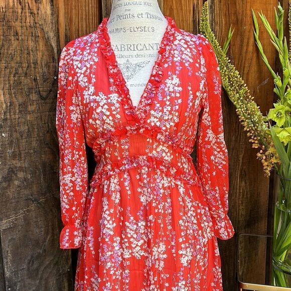 RED FLORAL RUFFLED LONG SLEEVED DRESS Size S M  BNWT - Picture 9 of 9